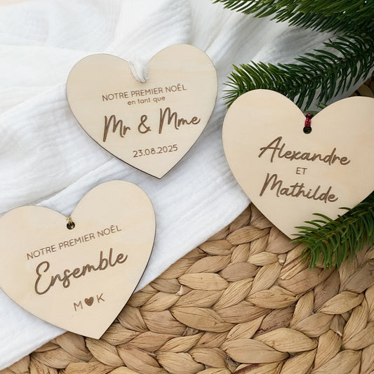 Coeur de Noël en bois personnalisée - Notre Premier Noël (Mr & Mme, Ensemble, Couple)