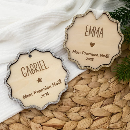 Boule de Noël bois et paillettes "Mon Premier Noël"