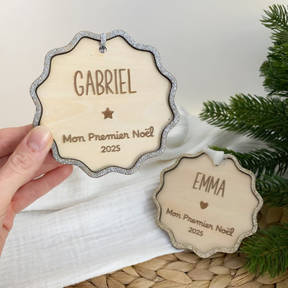 Boule de Noël bois et paillettes "Mon Premier Noël"