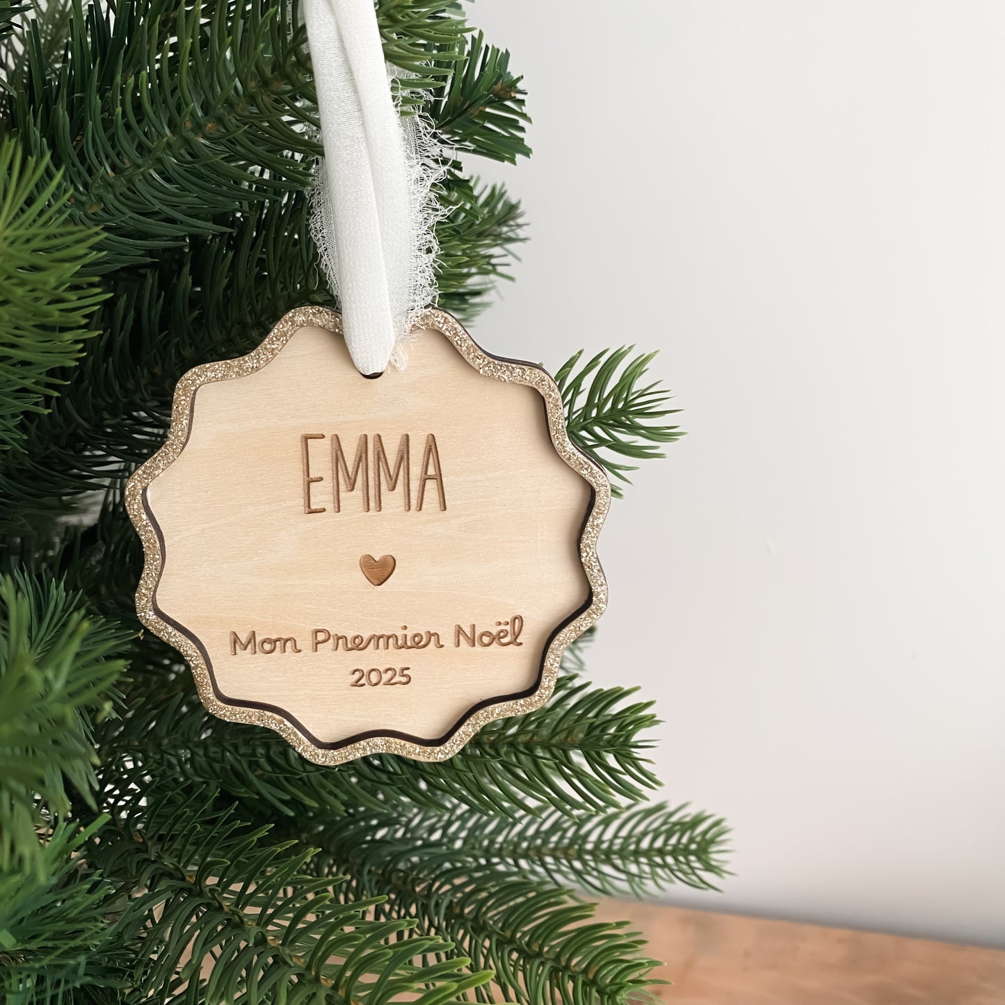 Boule de Noël bois et paillettes "Mon Premier Noël"
