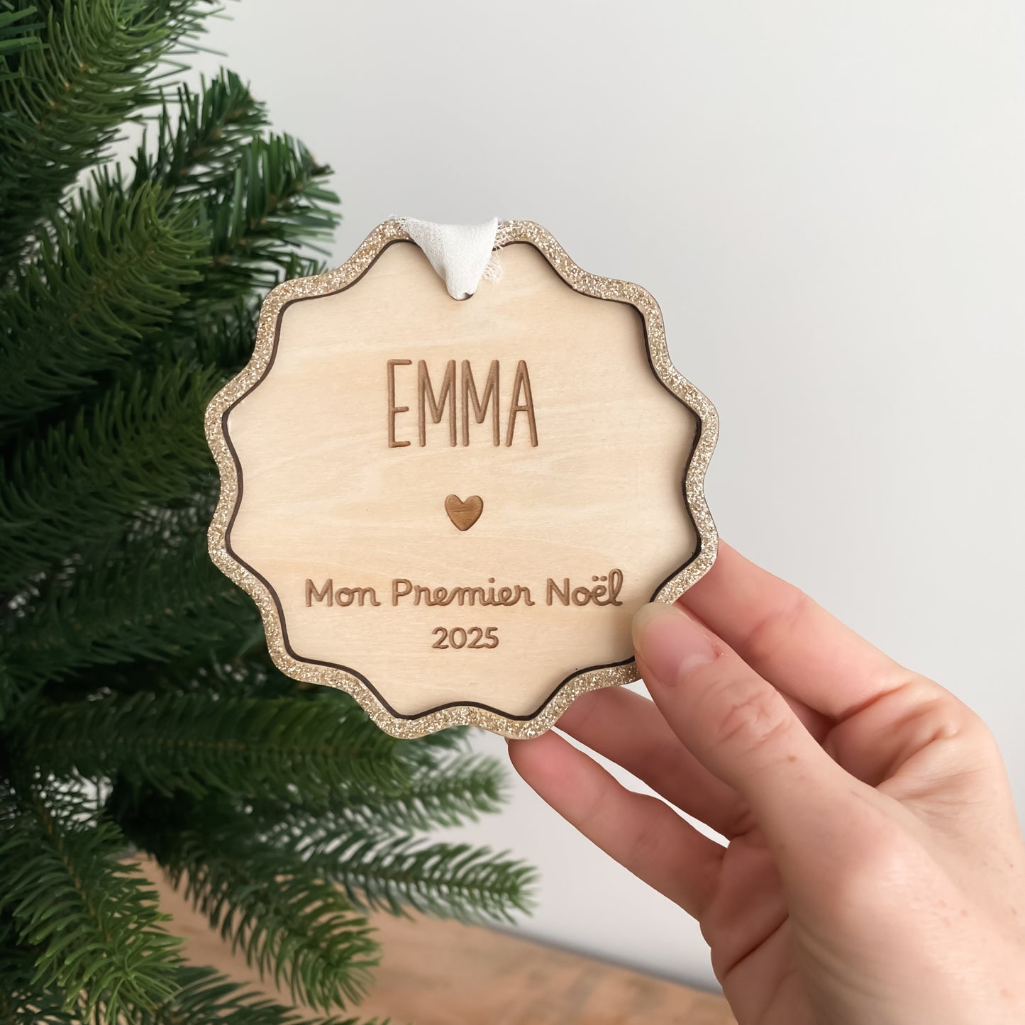 Boule de Noël bois et paillettes "Mon Premier Noël"