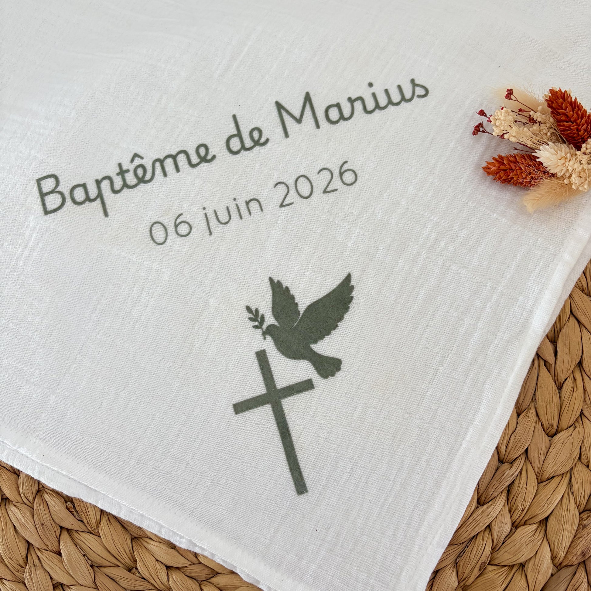 Lange de baptême personnalisé avec personnalisation vert kaki effet velours