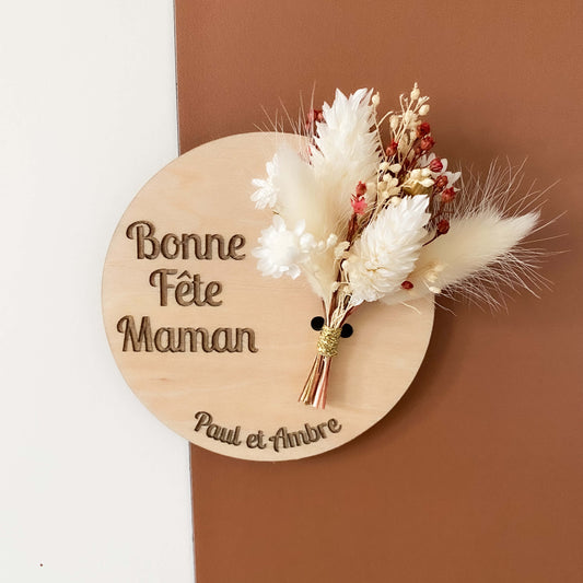 Magnet personnalisé en bois et mini bouquet de fleurs séchées